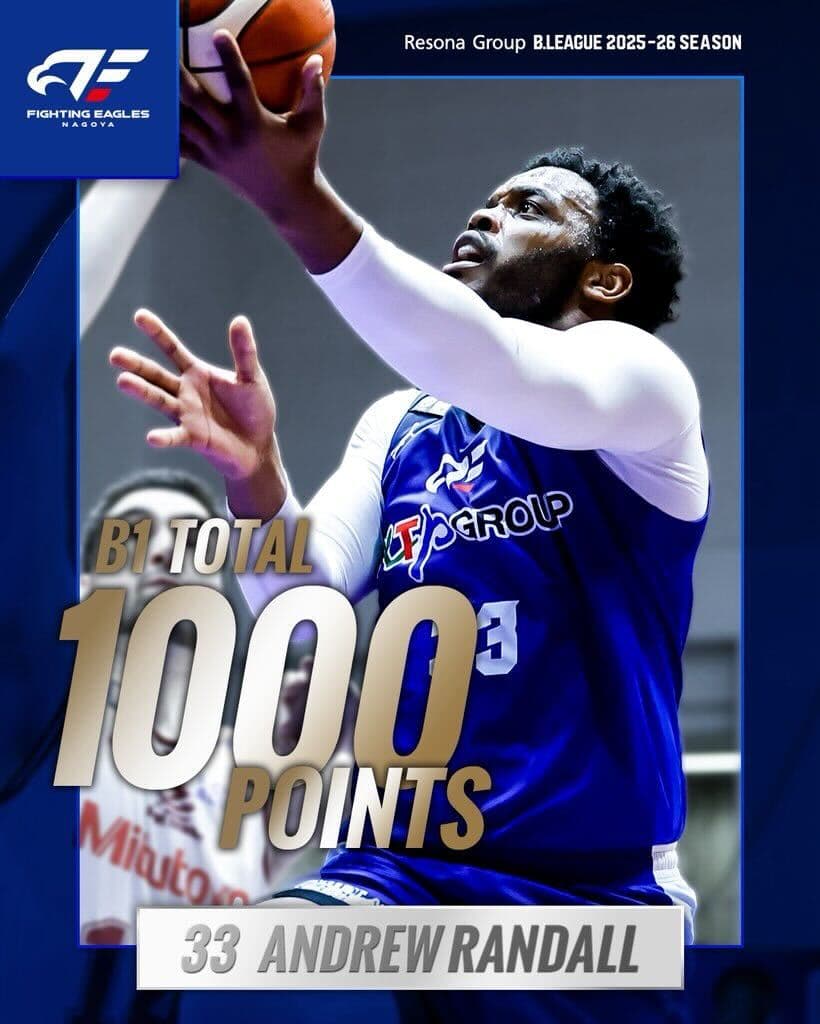 アンドリューランダル選手B1個人通算1000得点達成